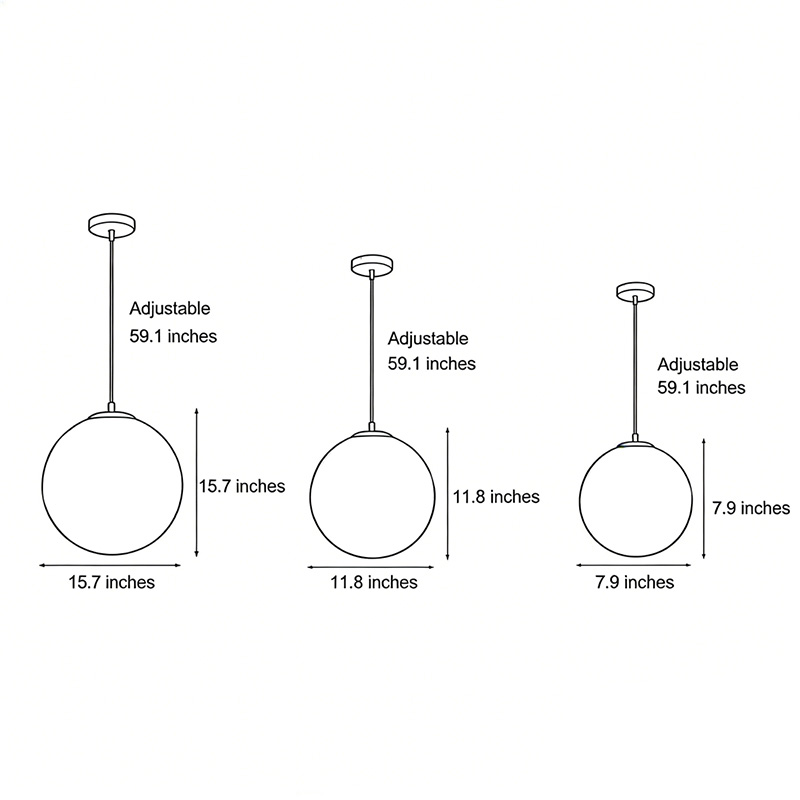 Dimensional drawings of three versions of the Moon Globe pendant light.
