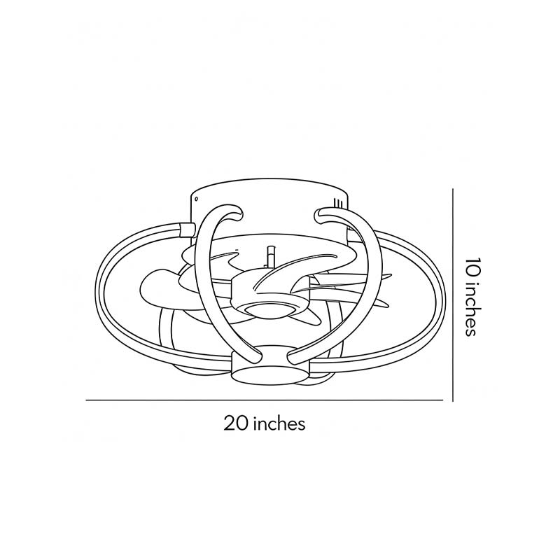 Dimensional drawing of a modern ceiling fan and light product 10inch * 20inch.