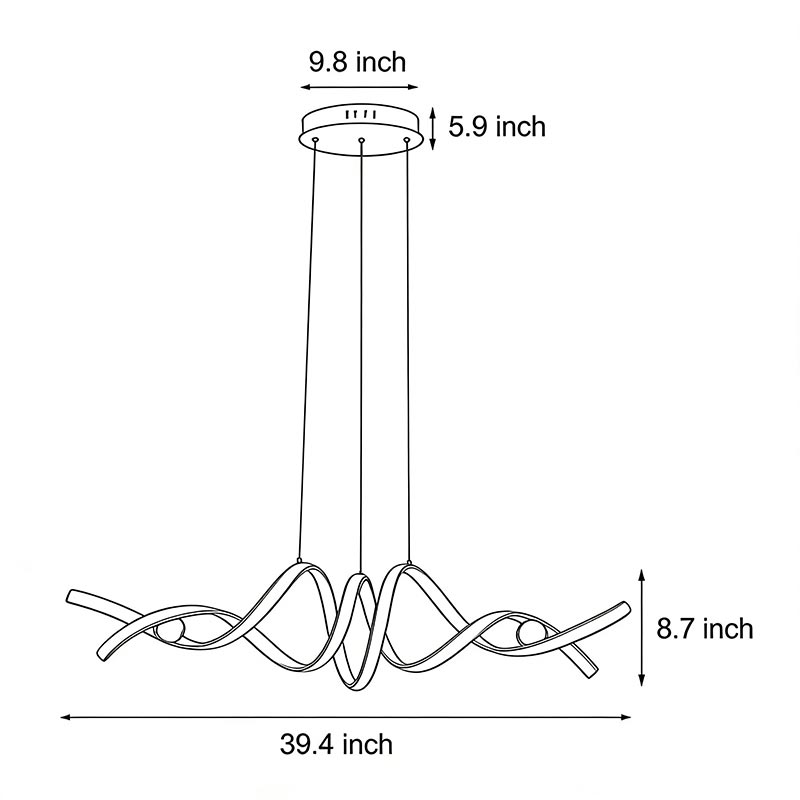 Dimensional drawing of the spiral ceiling light 39.4inch*8.7inch.