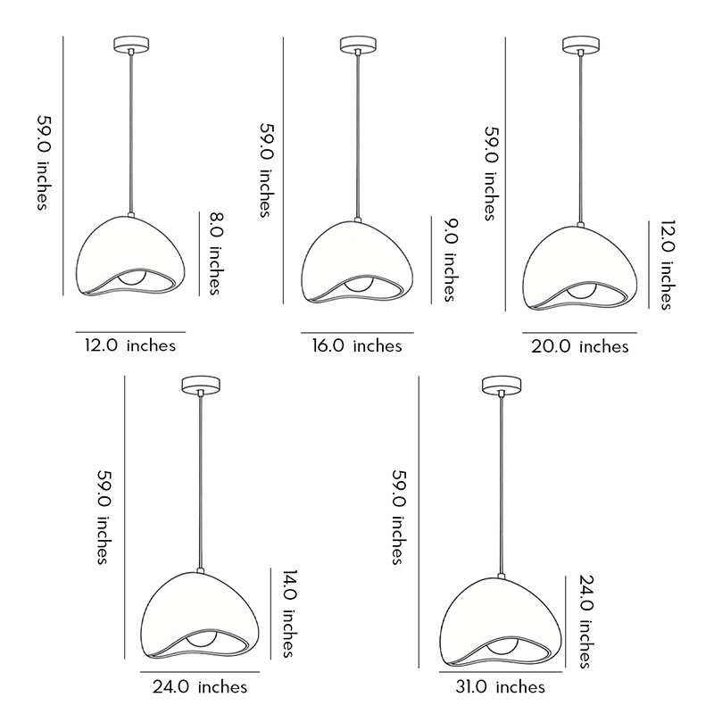 Dimensions diagrams for five models of resin pendant lights.