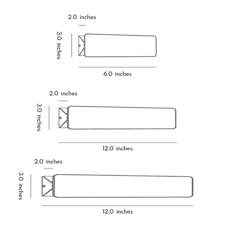 Dimensional drawings of three wall-mounted adjustable light products.