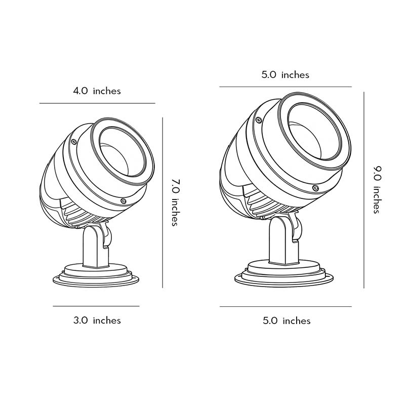 Dimensional drawings of two LED landscape spotlight products.