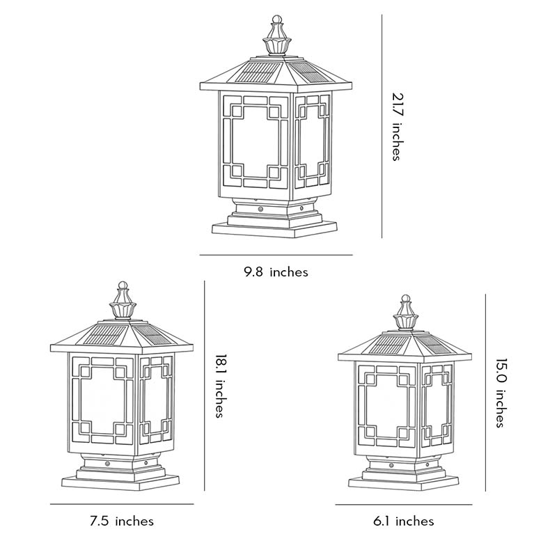 Dimensional drawings of three models of lantern pillar lights.