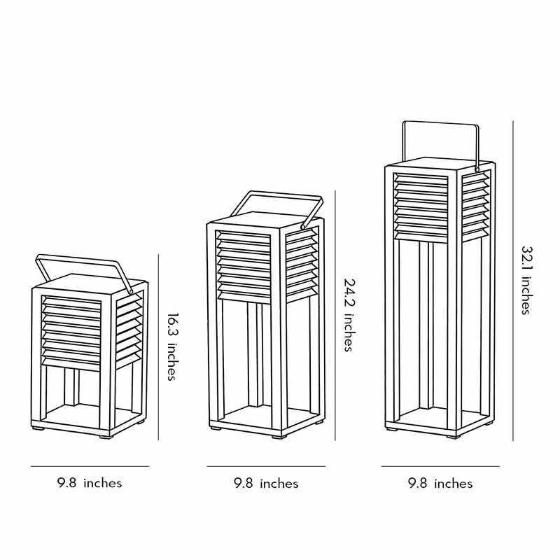 Dimensional drawing of a modern outdoor floor lantern product.