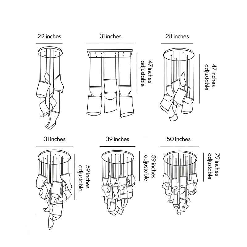 Size charts for six different sizes of acrylic chandeliers.