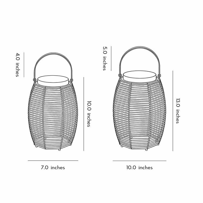 Product structure diagrams of two woven rattan lanterns.