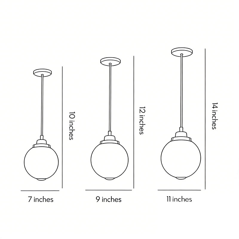 Three different sizes of round outdoor hanging lights.