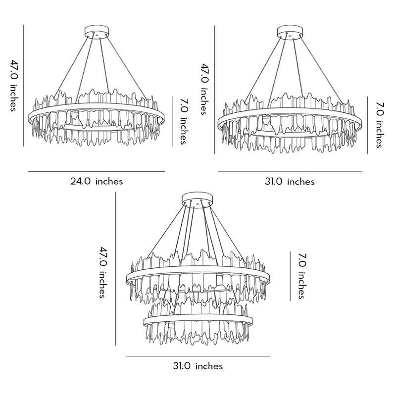 Dimensions of three different sizes of gold leaf chandelier.