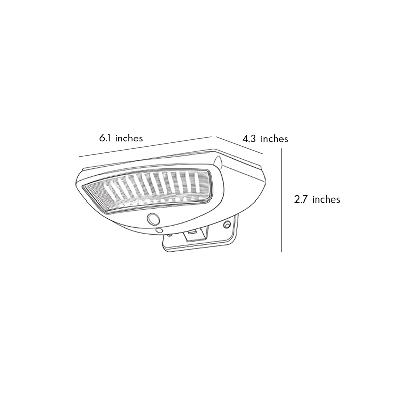 Product structure diagram of a solar-powered motion sensor wall light 6.1inch * 4.3inch * 2.7inch.