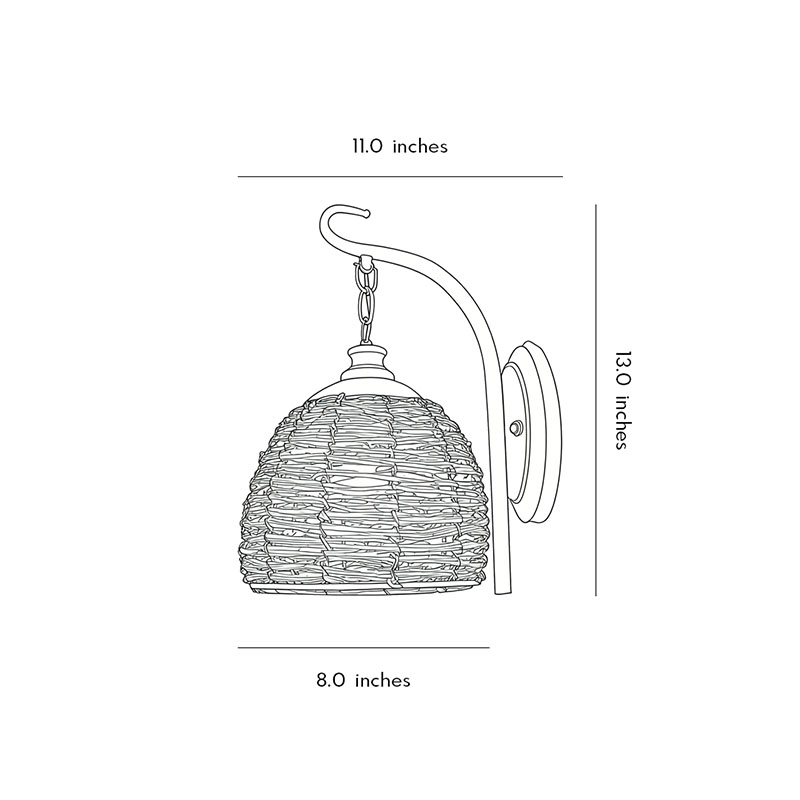 Product dimension diagram of the rattan wall lamp 13inch*11inch*8inch.