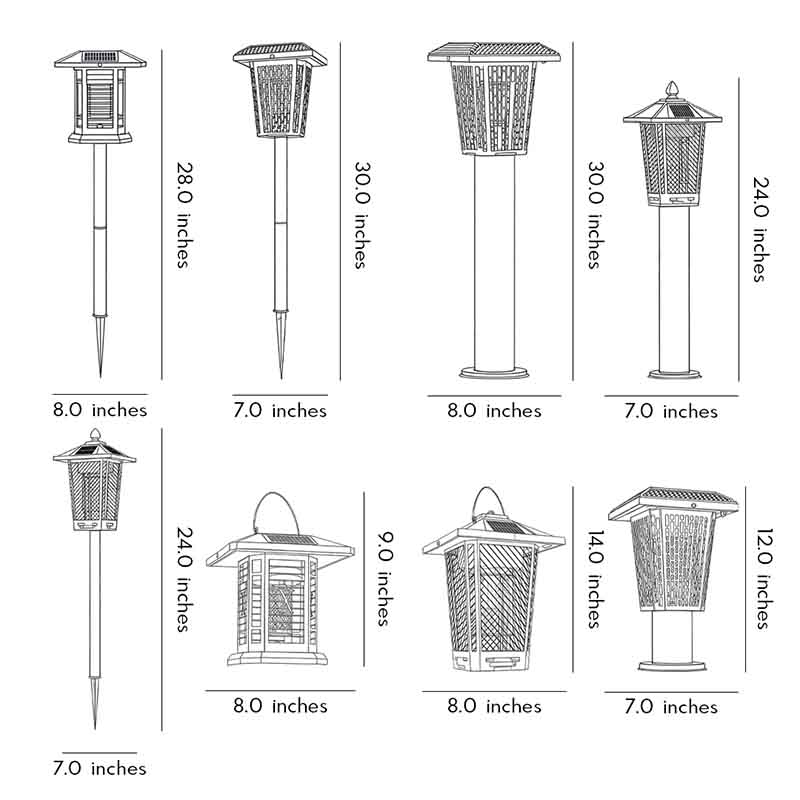 Size charts for eight different specifications of outdoor bug repellent lights.