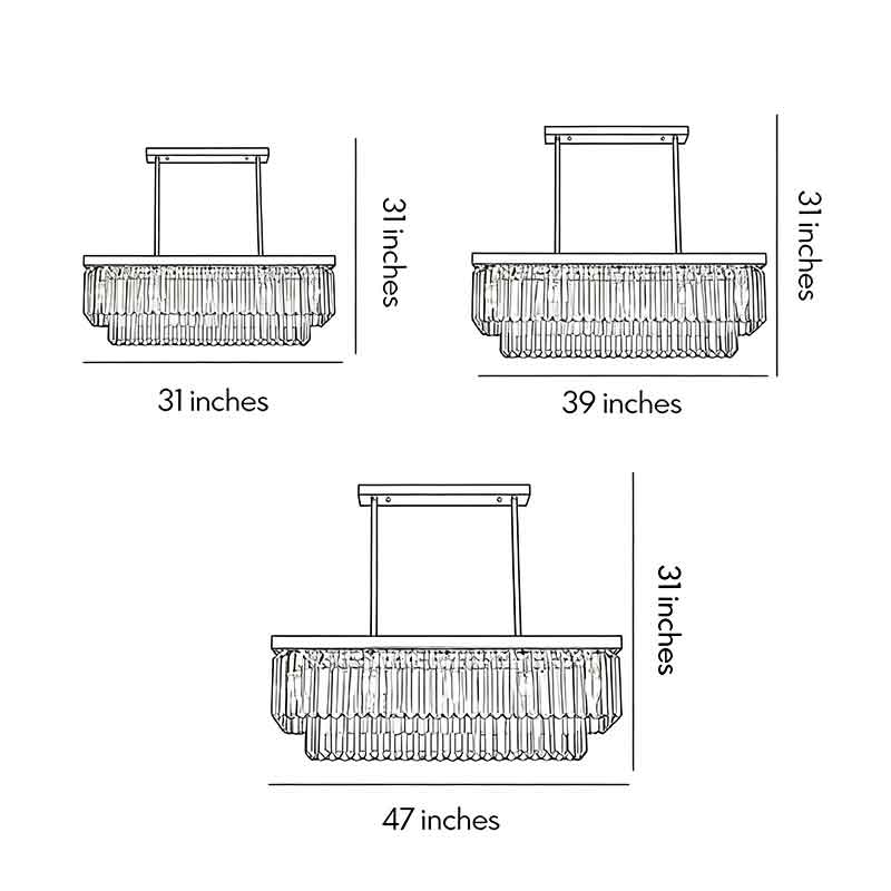 Size charts for three different sizes of gold rectangular chandelier.