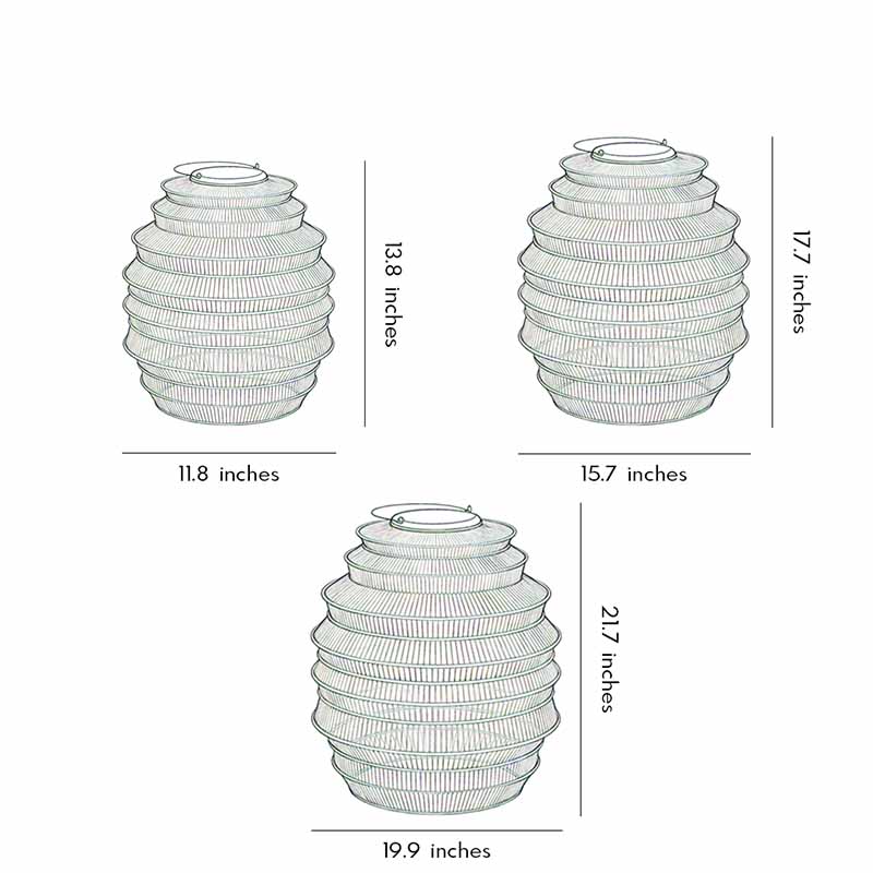 Size charts for three different sizes of the rattan outdoor lantern.