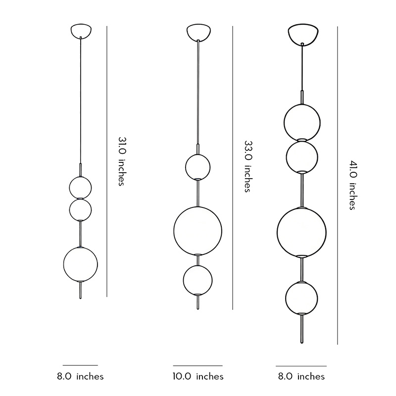 Dimensions of the multi-ball pendant light in three different sizes.