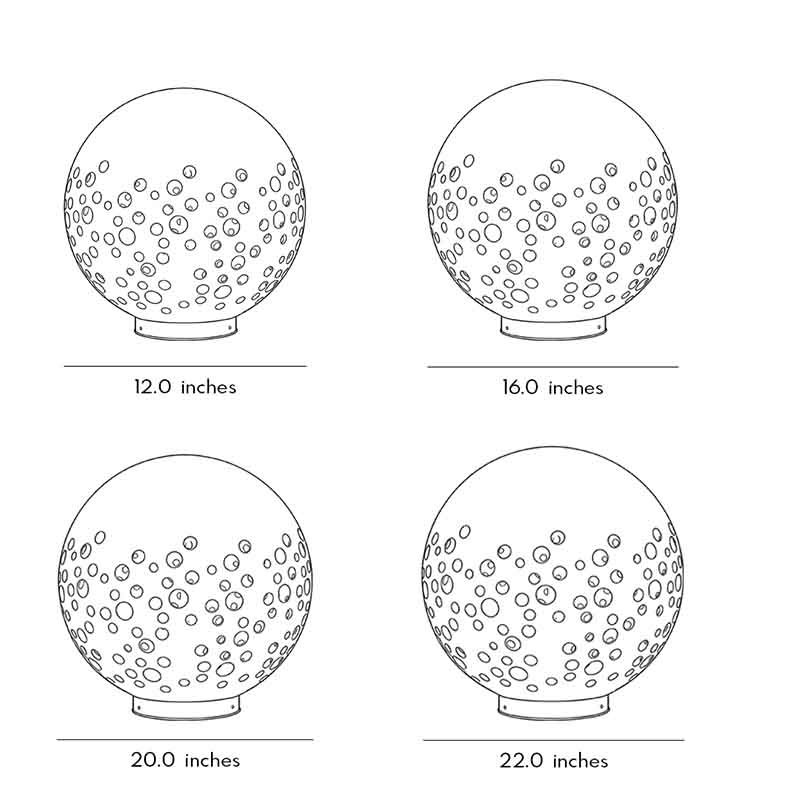 Size charts for four different sizes of outdoor sphere light.