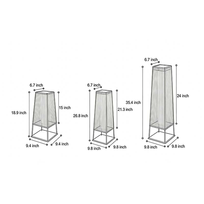 Dimension diagrams for three different sizes of Woven floor lamps.