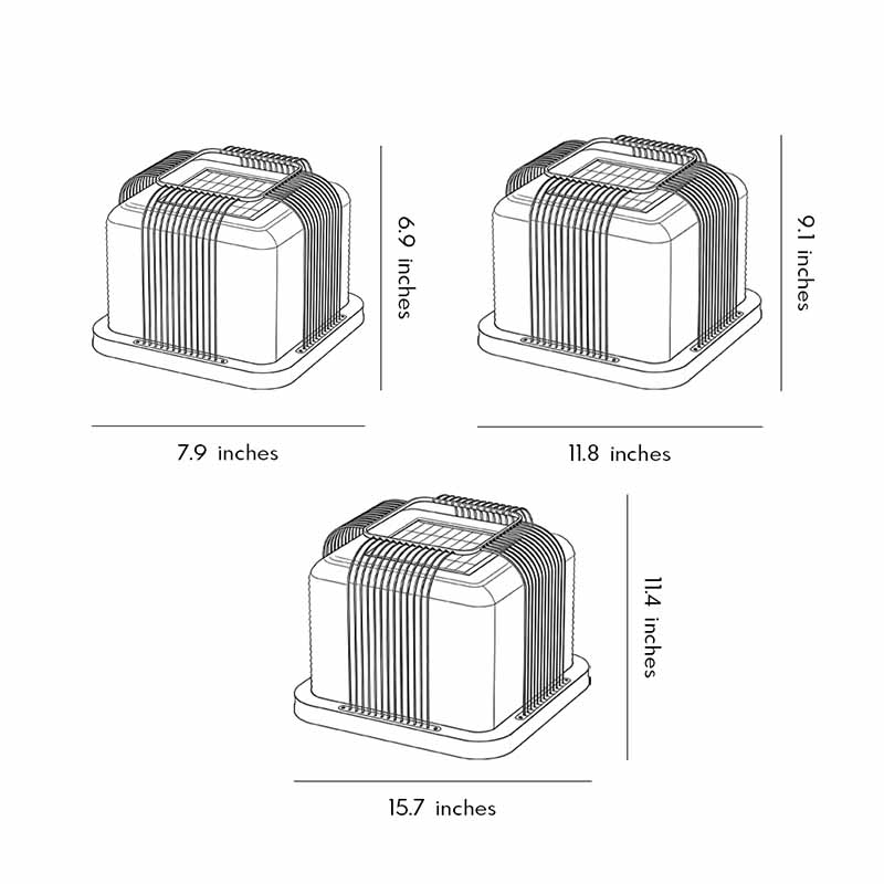 Dimensions of three different sizes of contemporary outdoor pillar lights.