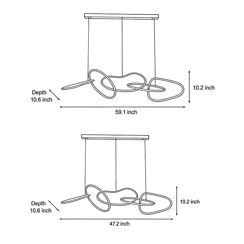 Size charts for two different specifications of the gold circle chandelier.