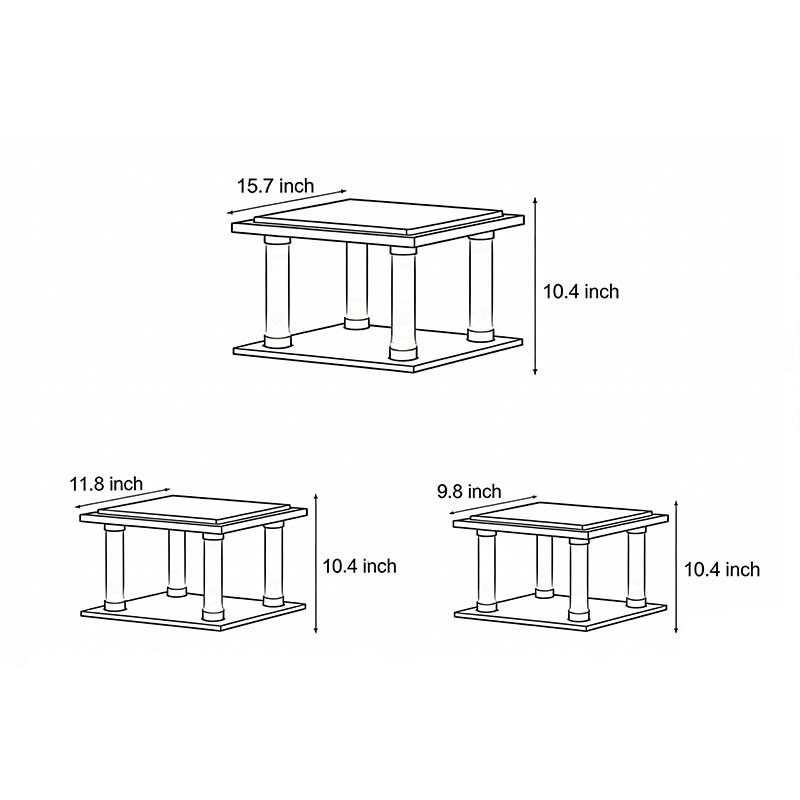Dimension diagrams for three different sizes of square pillar lamps.