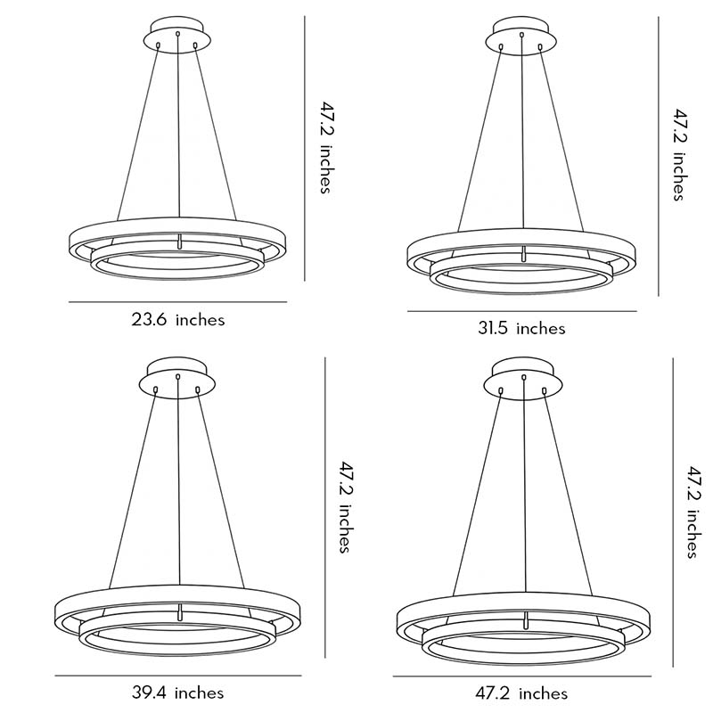Size charts for four different sizes of the wood ring pendant light.