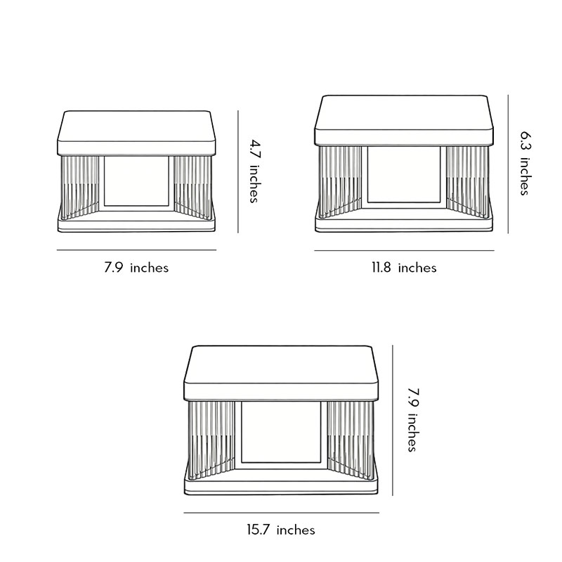 Dimension diagrams for three different specifications of solar pillar lights.