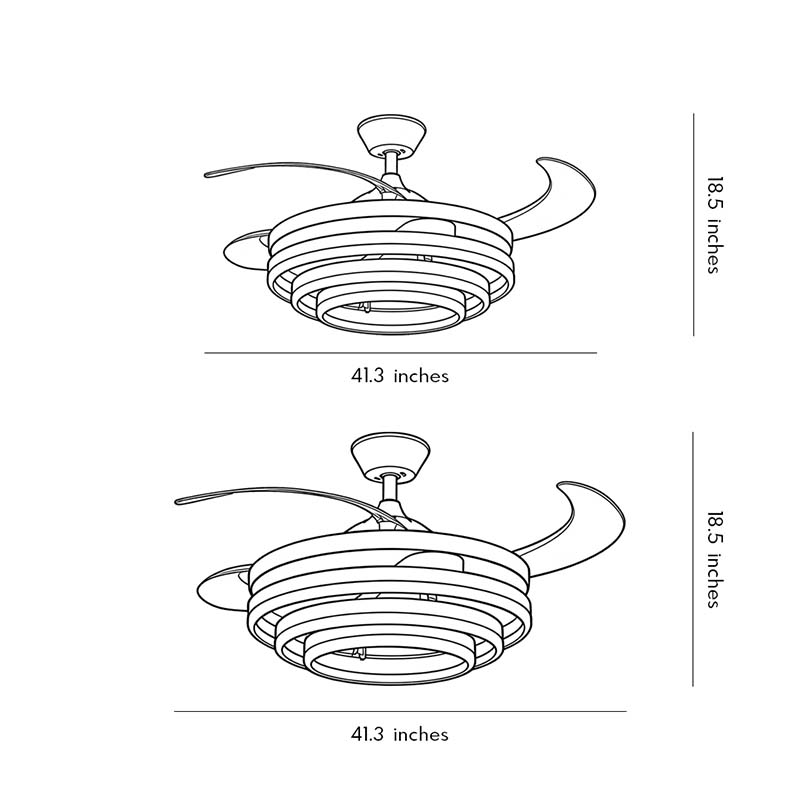 Product size diagrams for two specifications of the black fan with light.