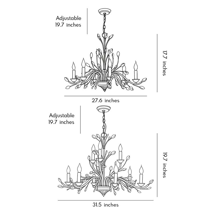 Product size diagrams for two specifications of the gold candlestick chandelier.