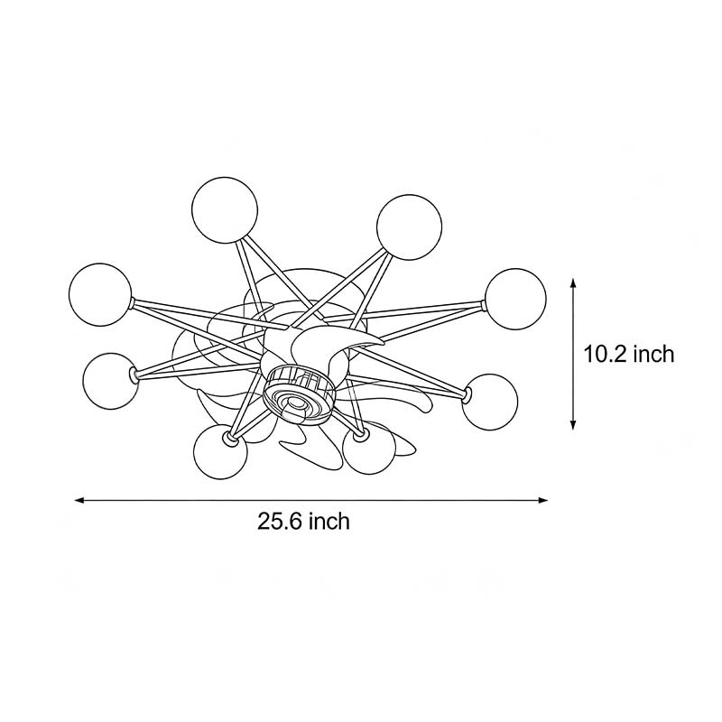 Product size diagram for indoor ceiling fans with lights 10.2inch*25.6inch.
