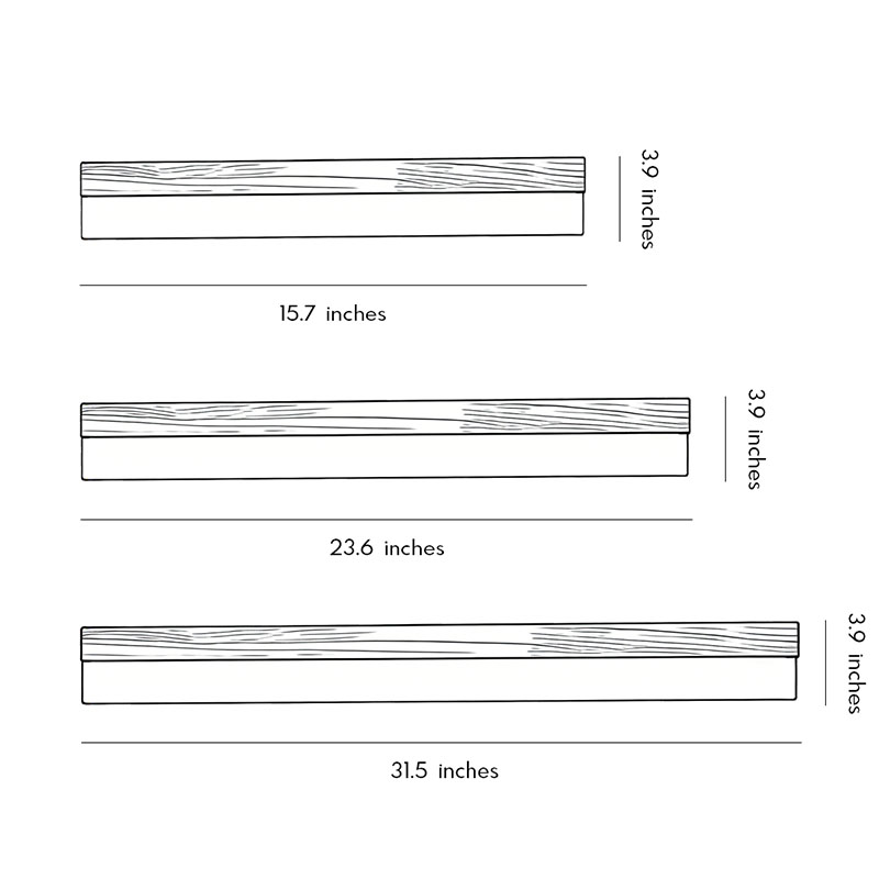 Product size charts for the three sizes of the Vanity Light bath bar.