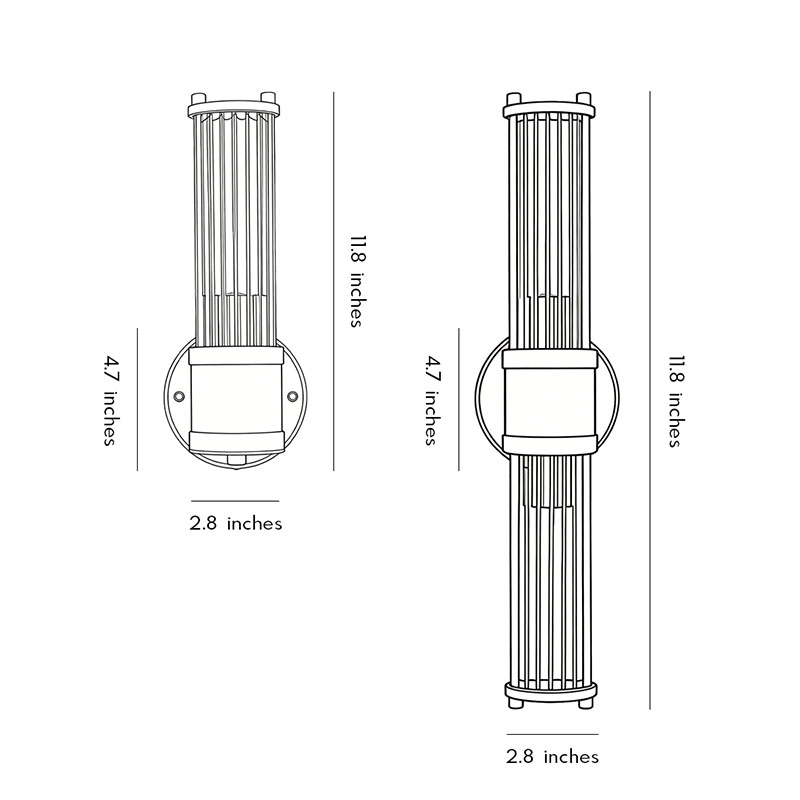 Product dimension diagrams for two specifications of vertical wall sconce lighting.