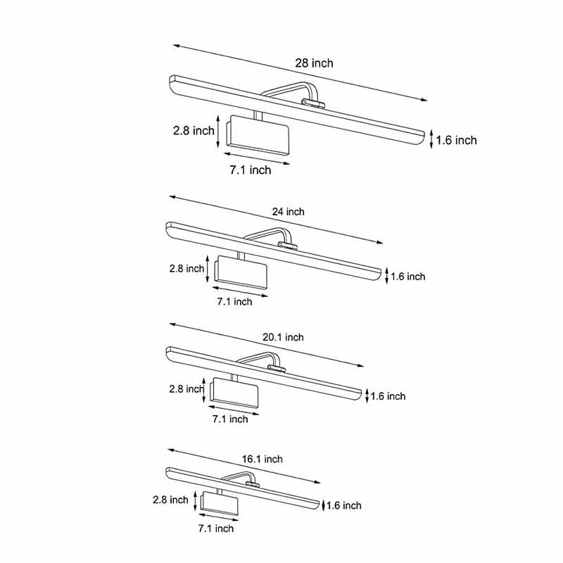 Product size charts for the four sizes of the light bar vanity.