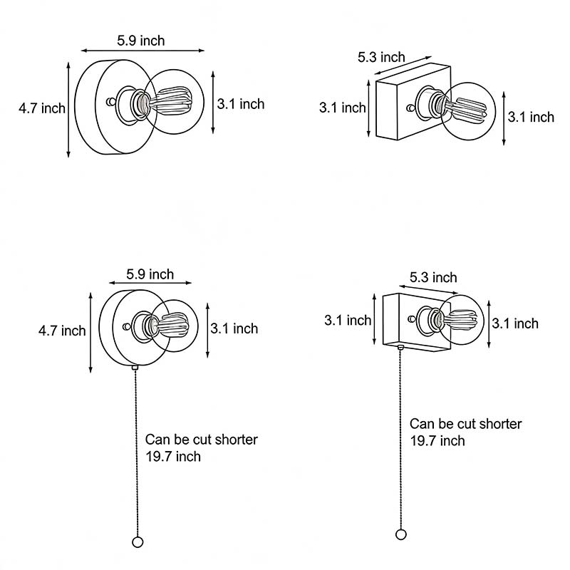 Product size diagrams for four sizes of retro bedside wall light.