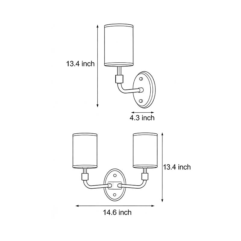 Product dimension diagrams for two specifications of the gold crystal wall lights.