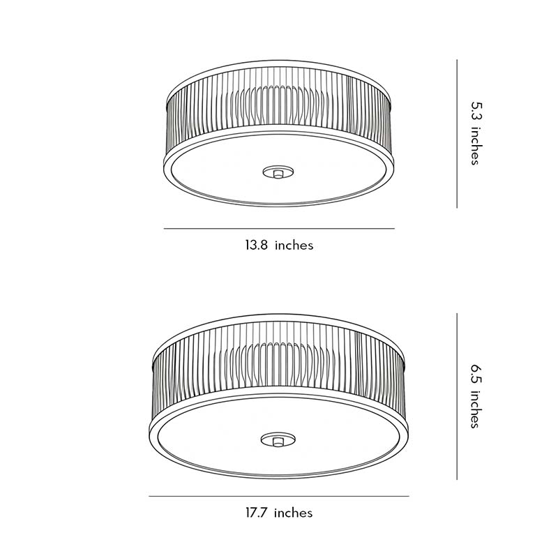 Product dimension diagrams for two specifications of the gold drum ceiling light.