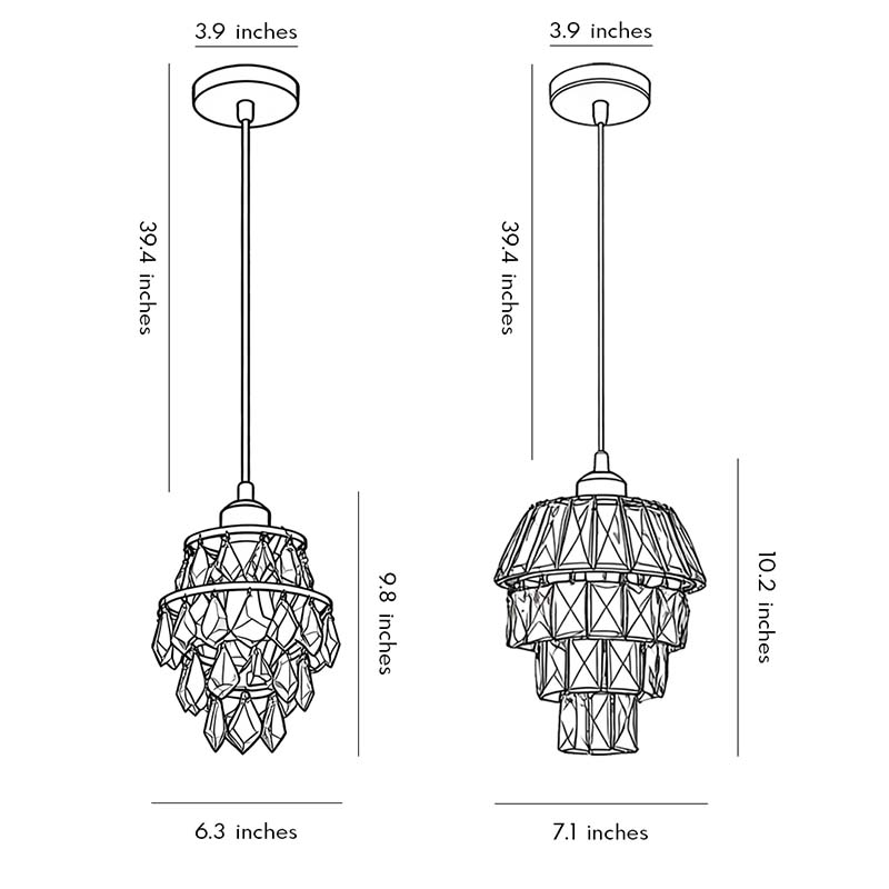 Product size diagrams for two specifications of the mini crystal pendant light.