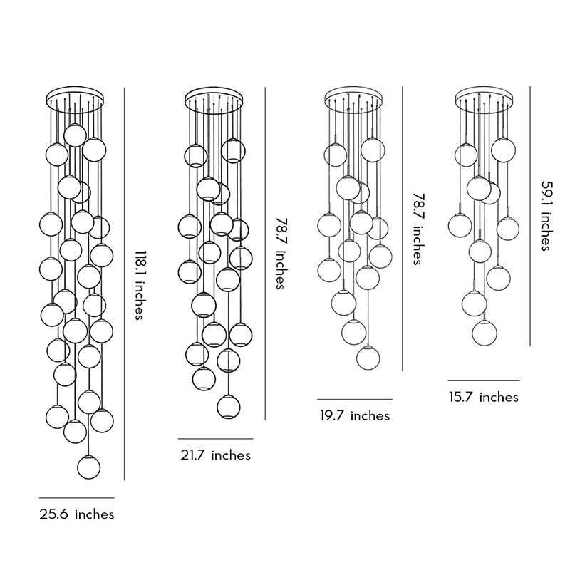 Product size chart for four specifications of gold staircase chandelier.