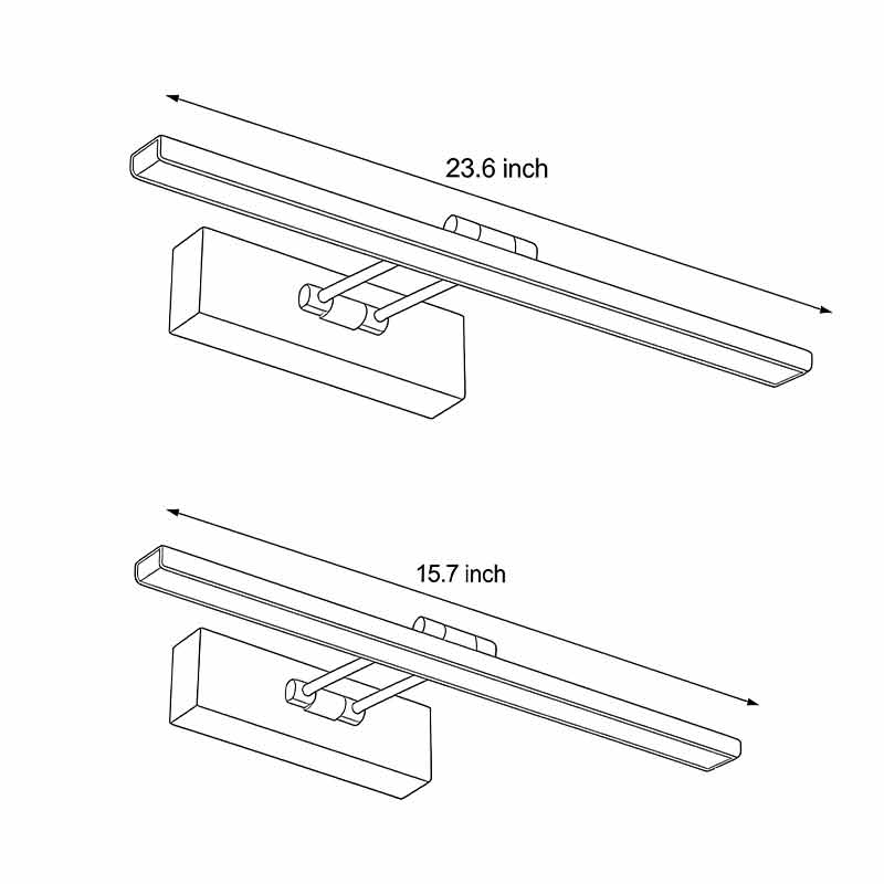 Product dimension diagrams for two specifications of the contemporary vanity light bar.