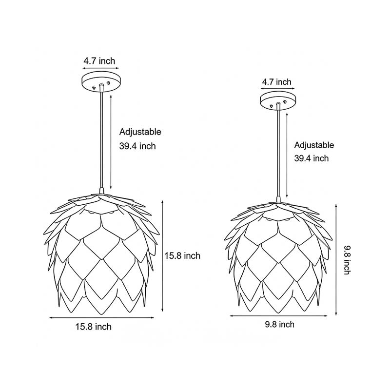 Product size diagrams for two specifications of the Pinecone Pendant Light.