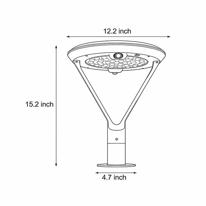 Product specification diagram for solar pillar lights 15.2inch*4.7inch*12.2inch.