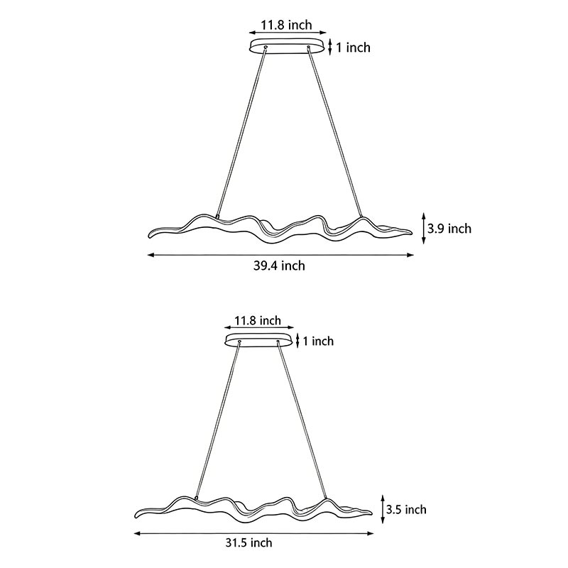 Product size diagrams for two specifications of the wood pendant light chandelier wave.