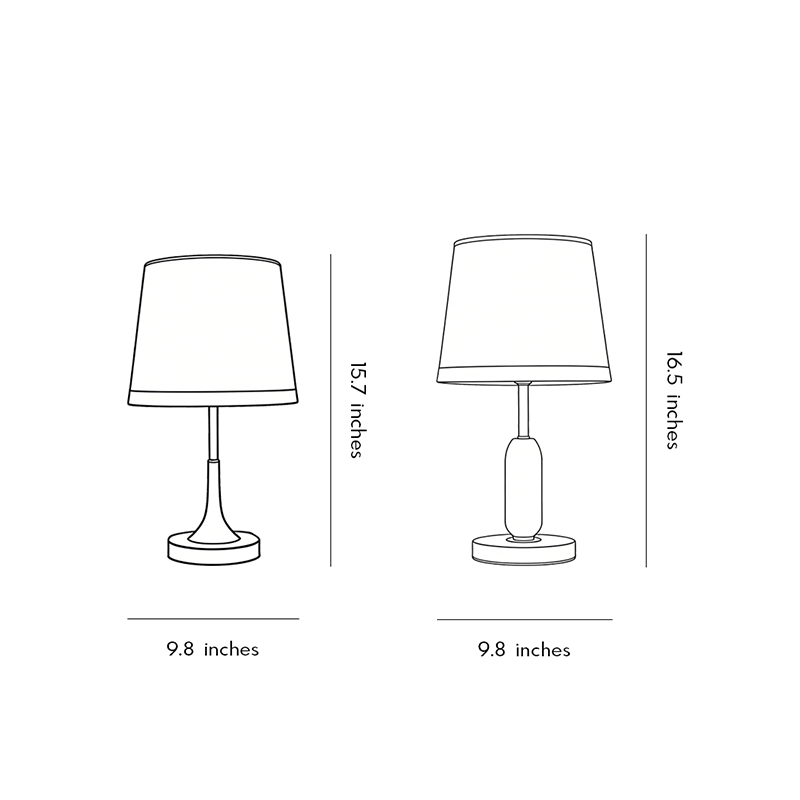Product dimension diagrams for four specifications of the gold white table lamp.