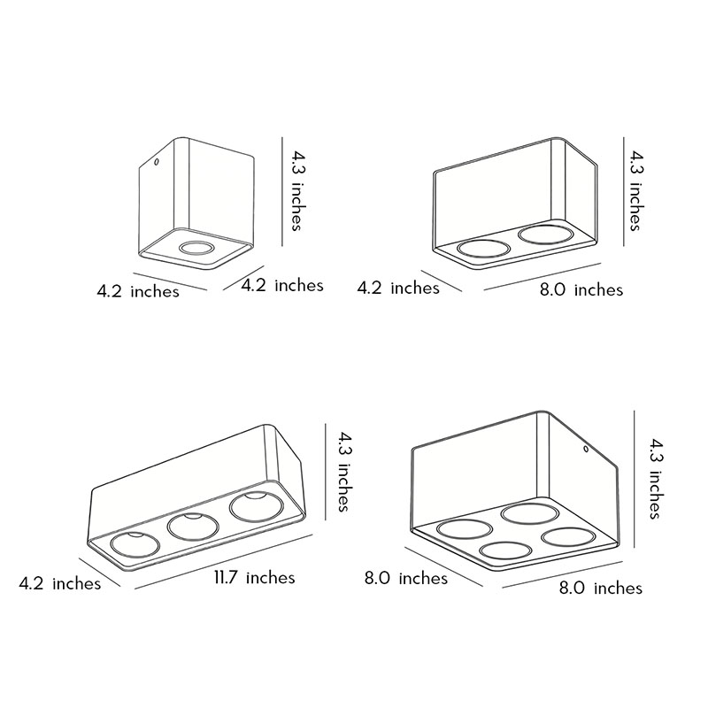 Product dimension diagrams for four specifications of spotlight led square lamps.