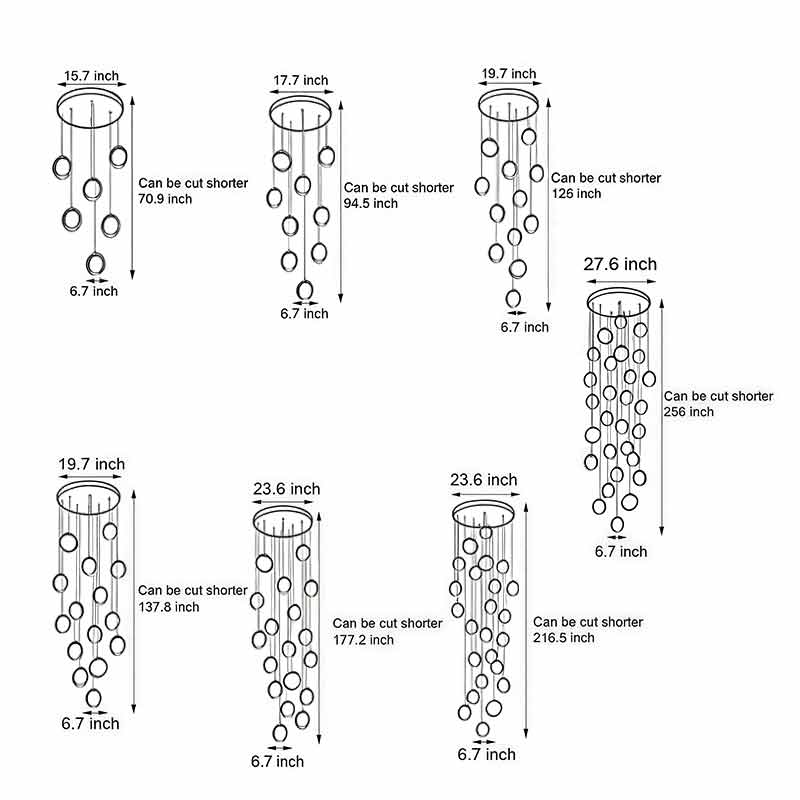 Product size diagrams for seven specifications of the staircase lighting chandelier.