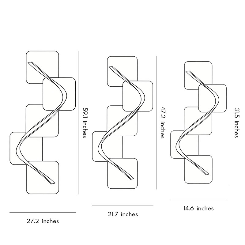 Product dimension diagrams for three specifications of wave pattern wall sconce.