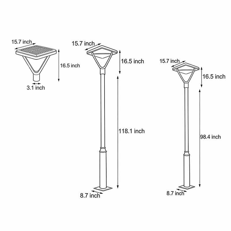 Product dimension diagrams for three specifications of garden street lighting.