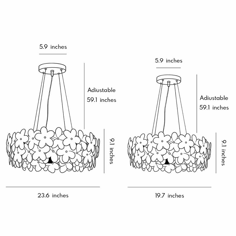 Product size charts for two specifications of the glass flower chandelier.