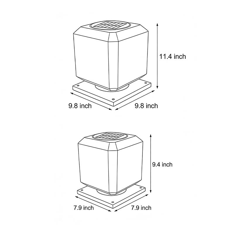 Product dimension diagrams for two specifications of square pillar lights.