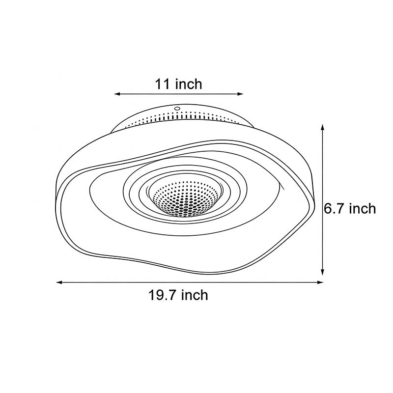 Product specification diagram for bladeless fan with light 19.7inch * 6.7inch *11inch.
