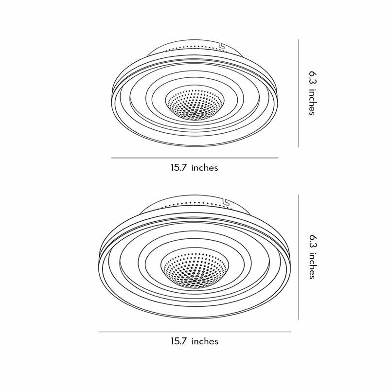 Product dimension diagrams for two specifications of the bladeless ceiling fan with lighting.