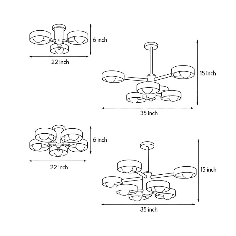 Product size charts for five sizes of wooden chandeliers.